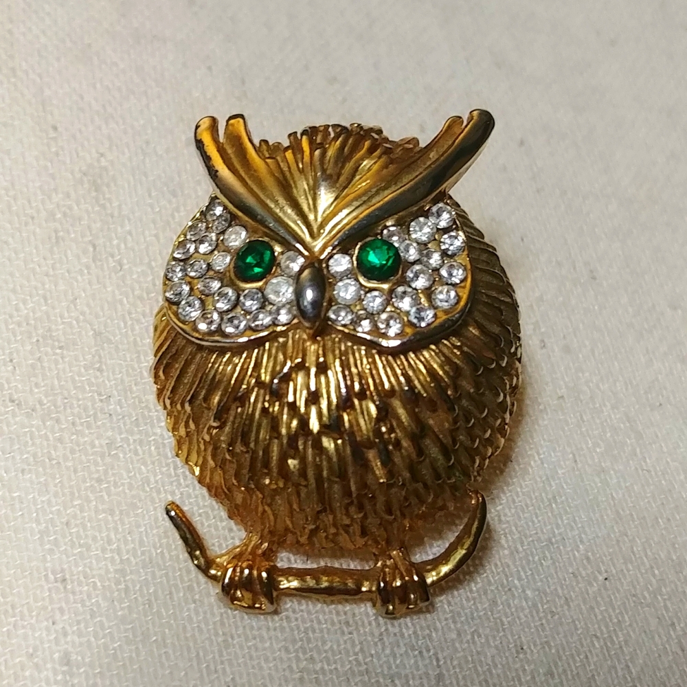 Vintage Faux Gold Owl Brooch with Clear and Green Crystal Accents